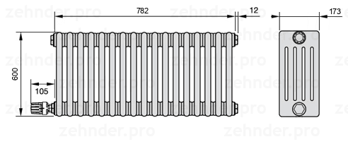 Схема (чертеж) Радиатор Zehnder Charleston 5060/17 №V003 Белый глянцевый RAL 9016